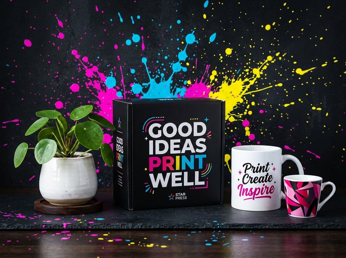 Star Press custom printed products collage with Good Ideas Print Well packaging box and mugs