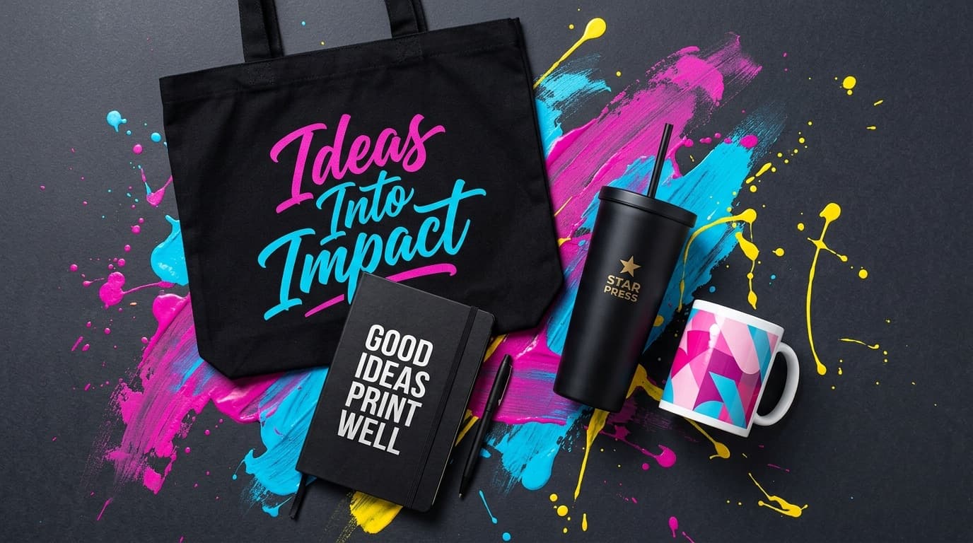 Custom printing mockups with Ideas Into Impact tote bag, notebook, tumbler, and mug